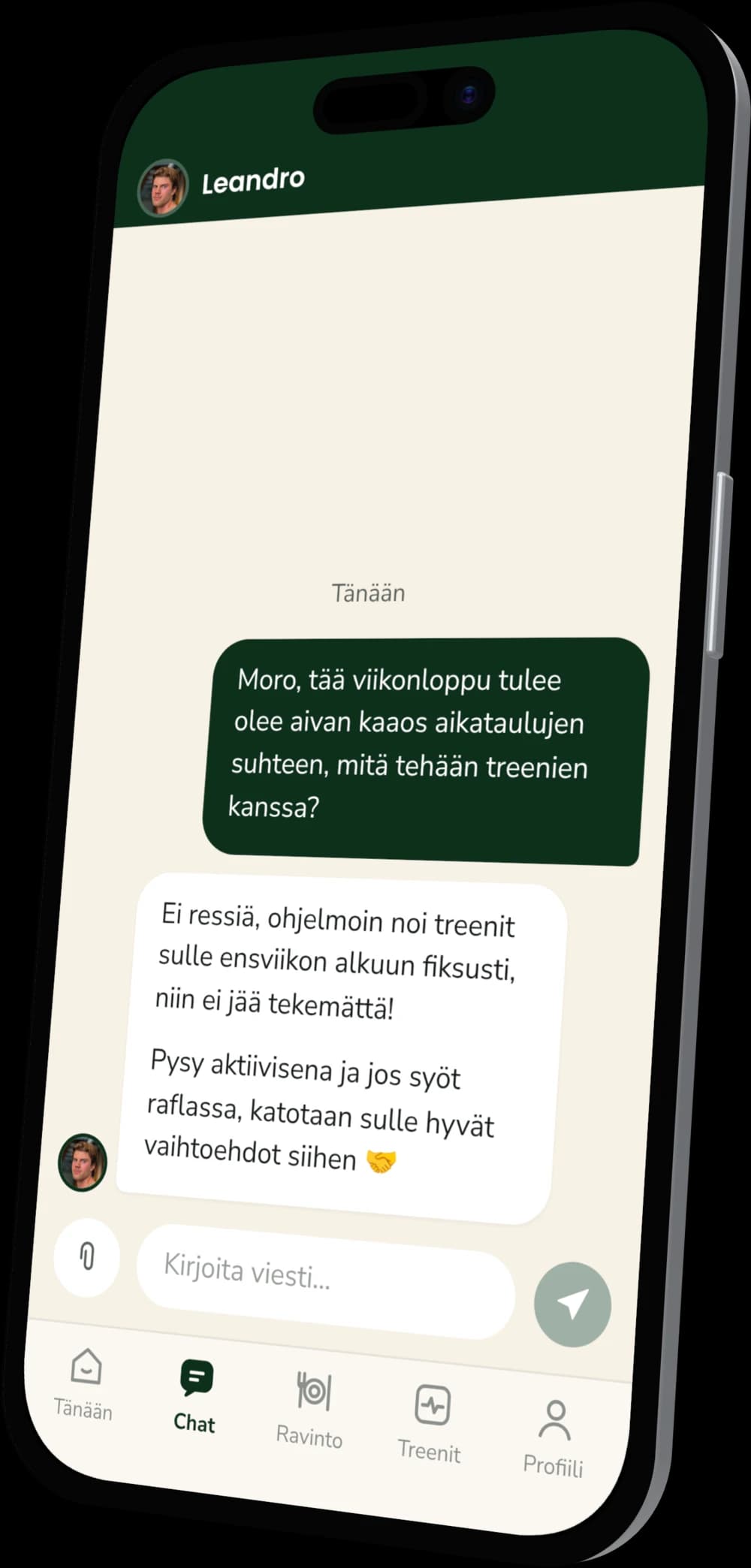 Prima Forman sovellus: Leandron ja valmennettavan chat-keskustelu
