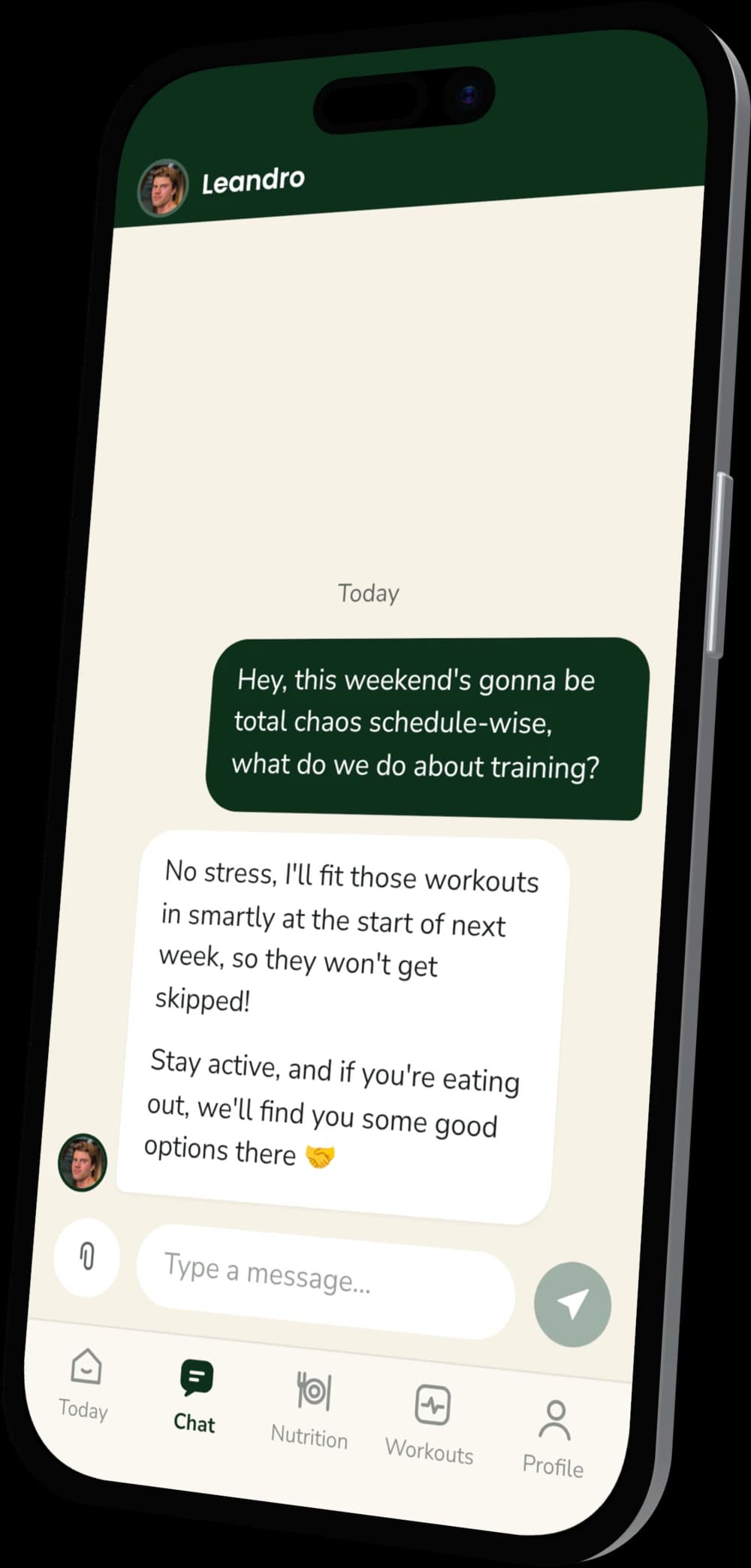 The Prima Forma app: a chat between Leandro and a client